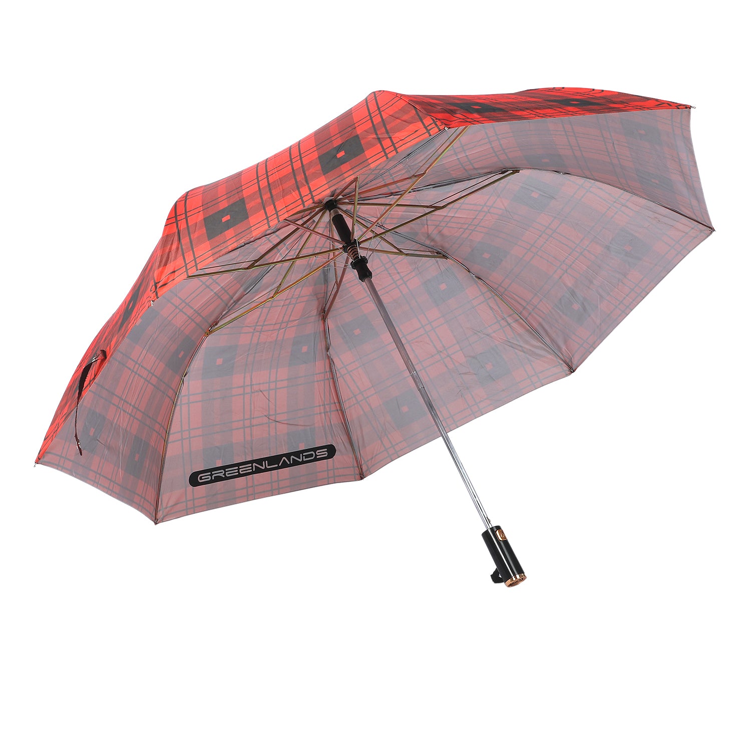 Greenlands 2-Fold 27-Inch Umbrella | UV Protection, Silver Lining, Wind-Resistant | Plaid Design, Rose-Gold Handle | Sun & Rain Umbrella
