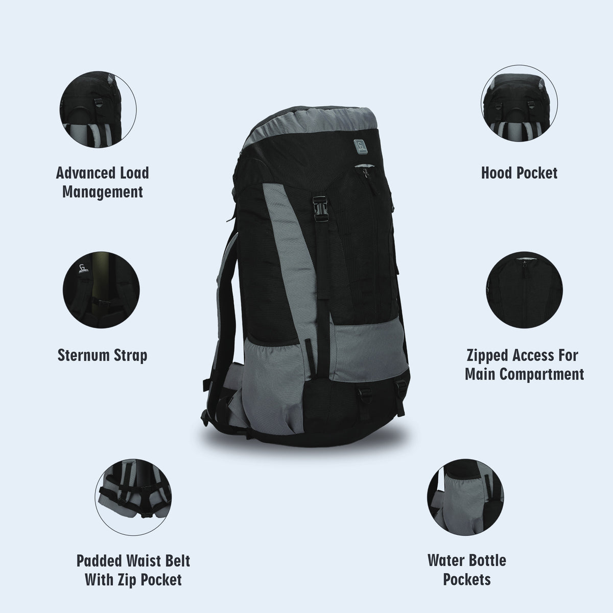 Greenlands CRIA 55L Rucksack Black | Durable Trekking Bag with Multiple Compartments for Adventure Travel