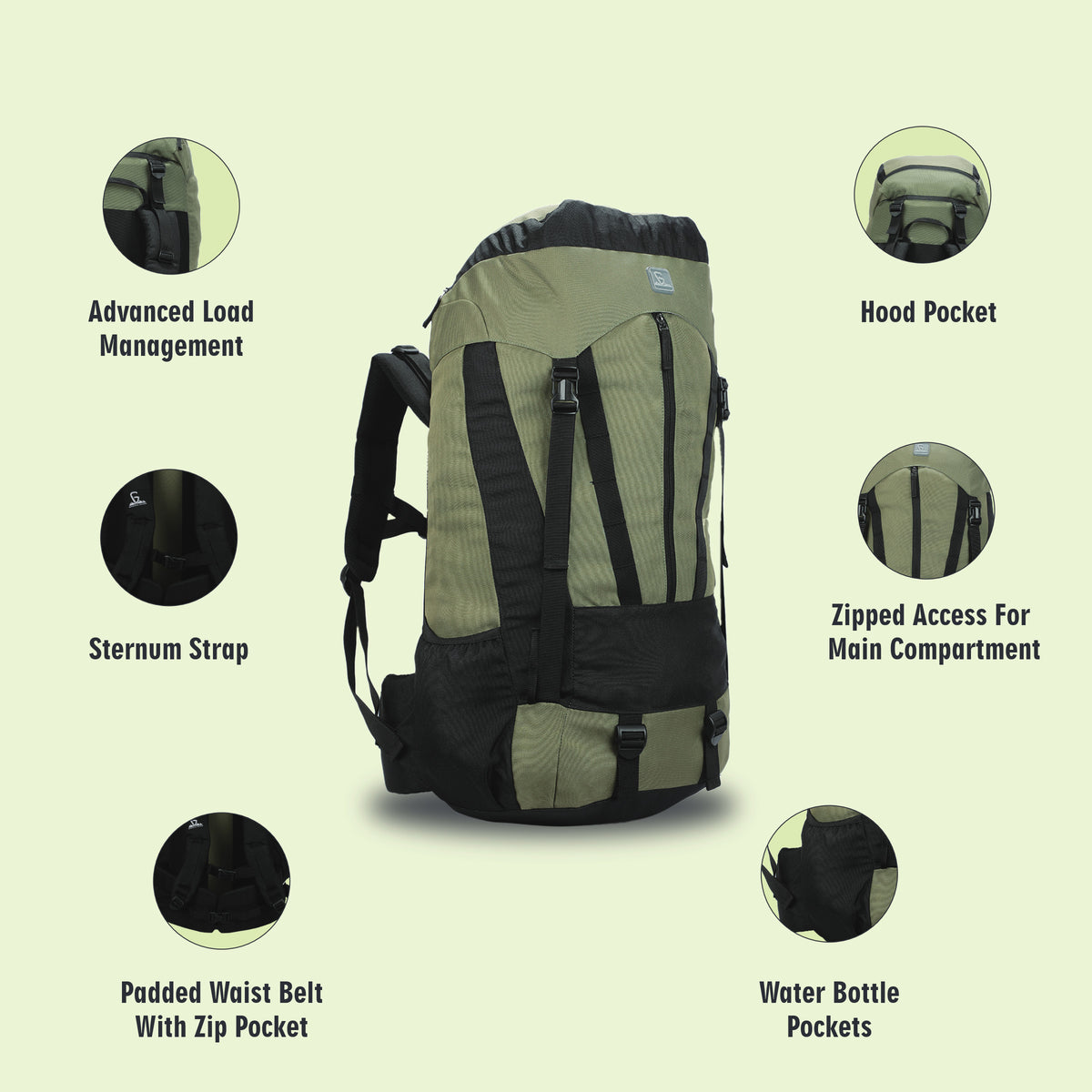 Greenlands CRIA 55L Rucksack Olive | Durable Trekking Bag with Multiple Compartments for Adventure Travel