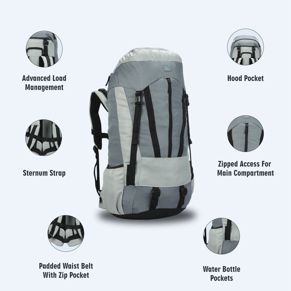 Greenlands CRIA 55L Rucksack Grey | Durable Trekking Bag with Multiple Compartments for Adventure Travel