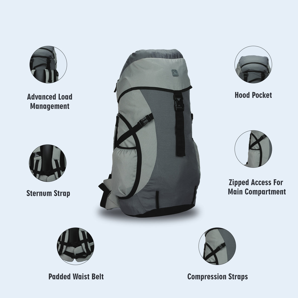 Greenlands CRIA 50L Rucksack Grey | Durable Trekking Bag with Multiple Compartments for Adventure Travel