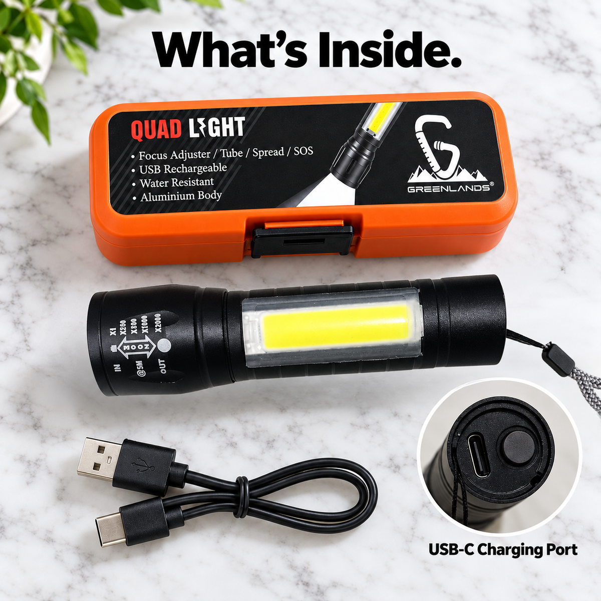 Greenlands Mini LED Rechargeable Pocket Torch – 200 Lumens, 3 Modes, Zoom Focus