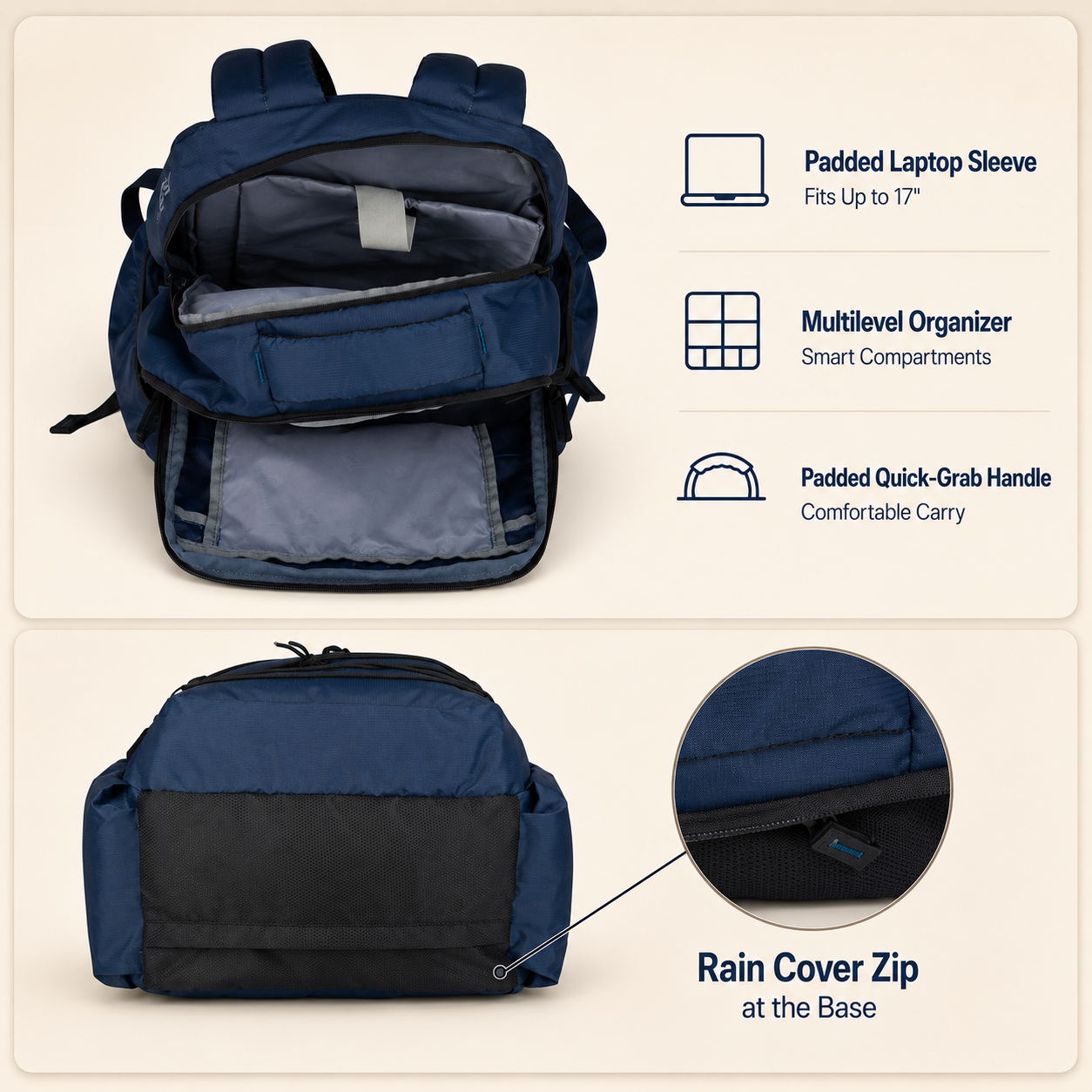 Greenlands 37L Ziggy Backpack with Attached Rain Cover – 2 Spacious Compartments, Ideal for Office, School, Travel, Trekking and Trips – Unisex, Navy