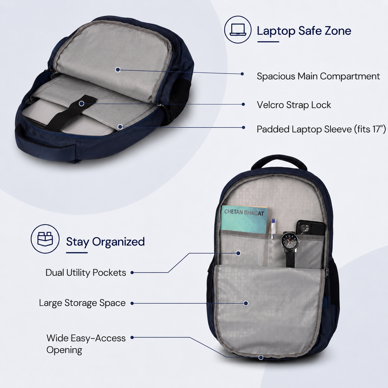 Greenlands 33L Zipster Laptop Backpack | 3 Large Compartments, Fits Up to 17" Laptop | Perfect for Office, School, Travel & Hiking | Unisex (Navy)