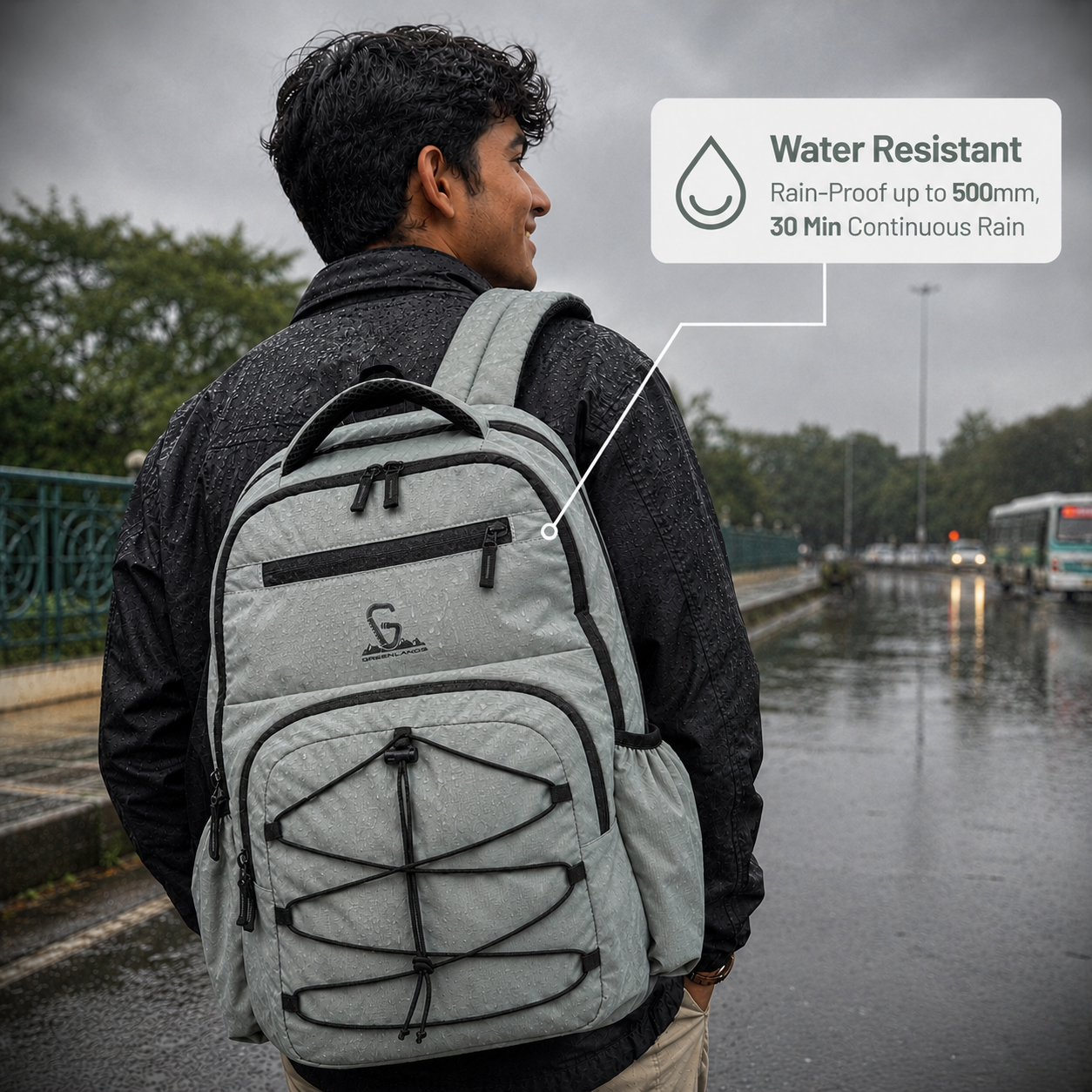 Greenlands 37L Ziggy Backpack with Attached Rain Cover – 2 Spacious Compartments, Ideal for Office, School, Travel, Trekking and Trips – Unisex, Light Grey