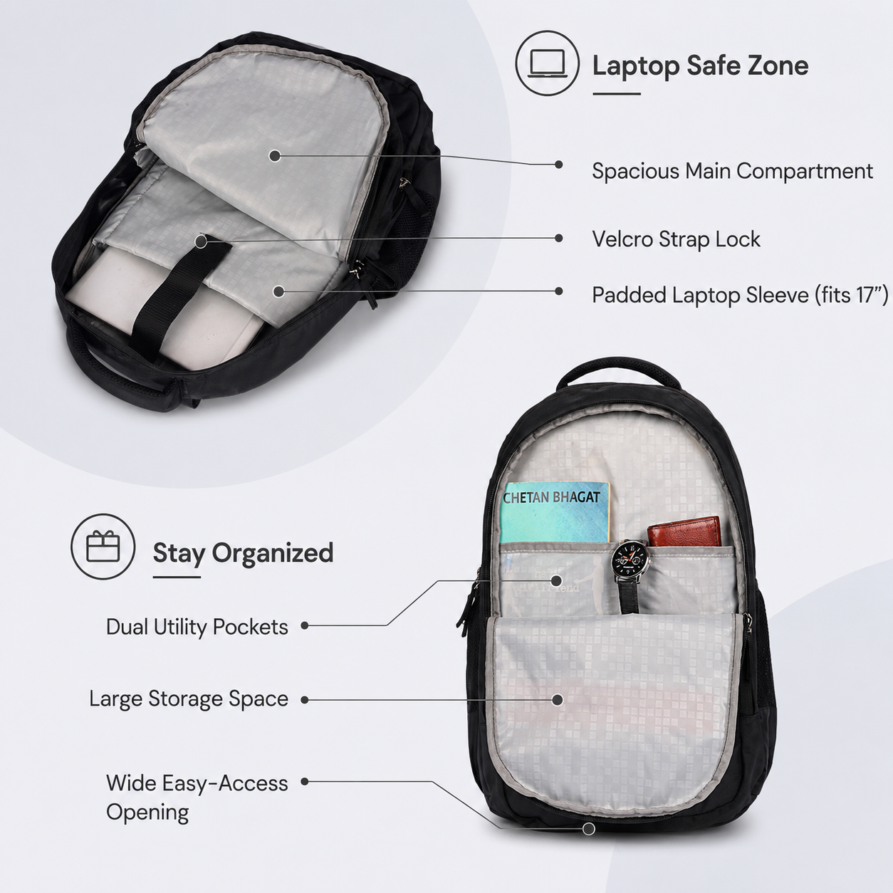 Greenlands 33L Zipster Laptop Backpack | 3 Large Compartments, Fits Up to 17" Laptop | Perfect for Office, School, Travel & Hiking | Unisex (Black)