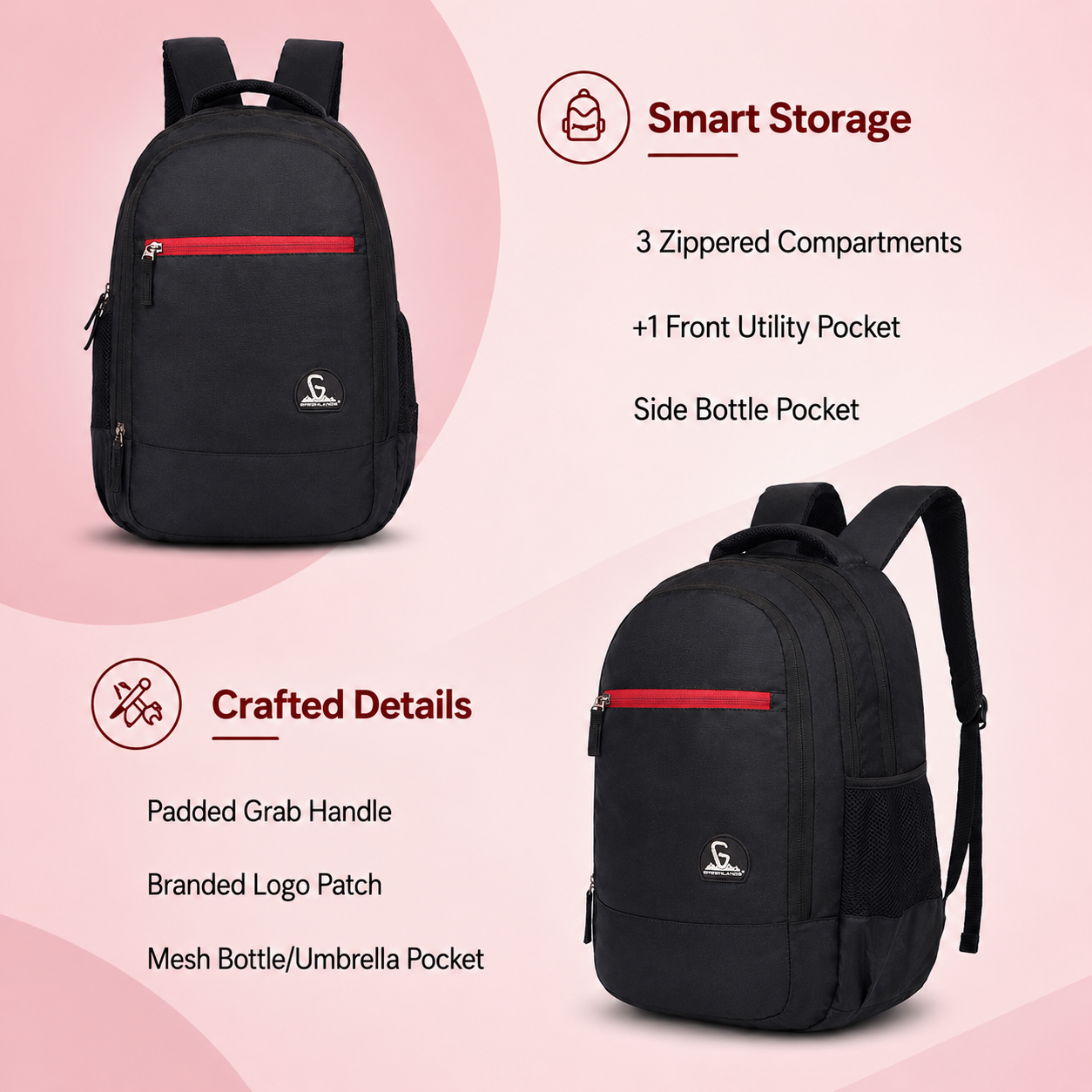 Greenlands 33L Zipster Laptop Backpack | 3 Large Compartments, Fits Up to 17" Laptop | Perfect for Office, School, Travel & Hiking | Unisex (Black)