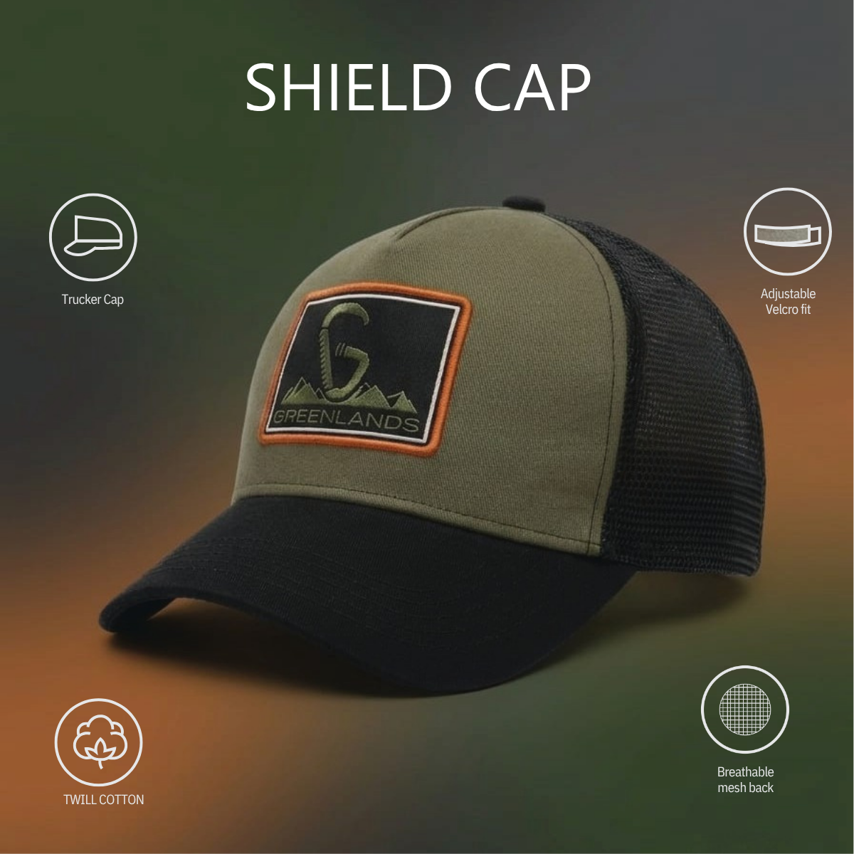Greenlands Shield Cap | Premium Trucker Hat | Breathable Mesh, Embroidered Logo, Snapback | Outdoor & Travel Cap