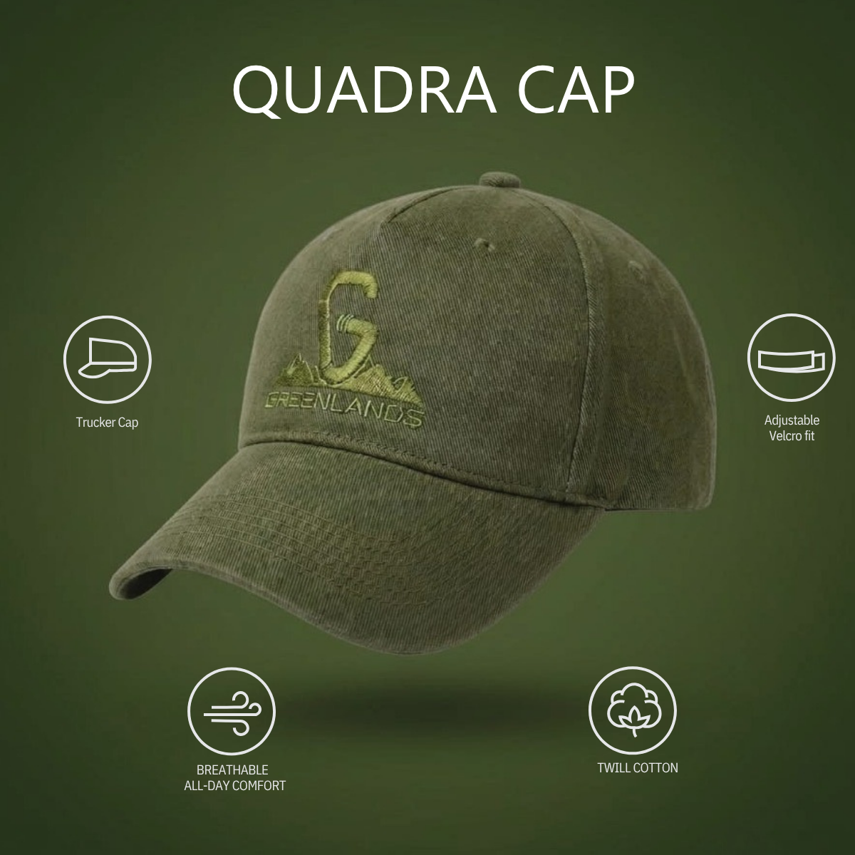 Greenlands Quadra Sports Cap - Olive | Structured Adjustable Cap for Outdoor, Trekking & Casual Wear