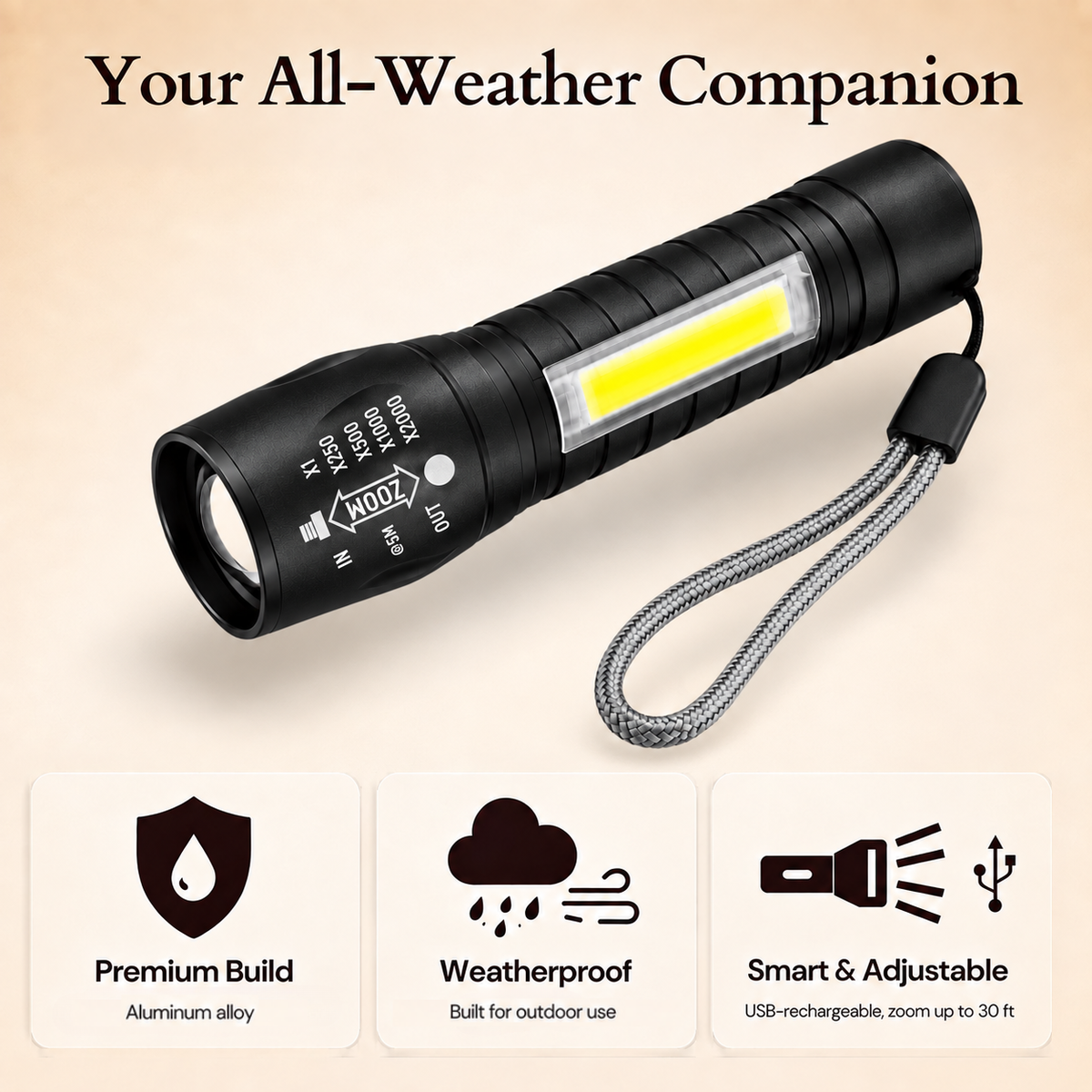 Greenlands Mini LED Rechargeable Pocket Torch – 200 Lumens, 3 Modes, Zoom Focus