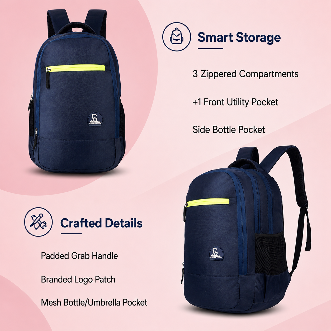 Greenlands 33L Zipster Laptop Backpack | 3 Large Compartments, Fits Up to 17" Laptop | Perfect for Office, School, Travel & Hiking | Unisex (Navy)