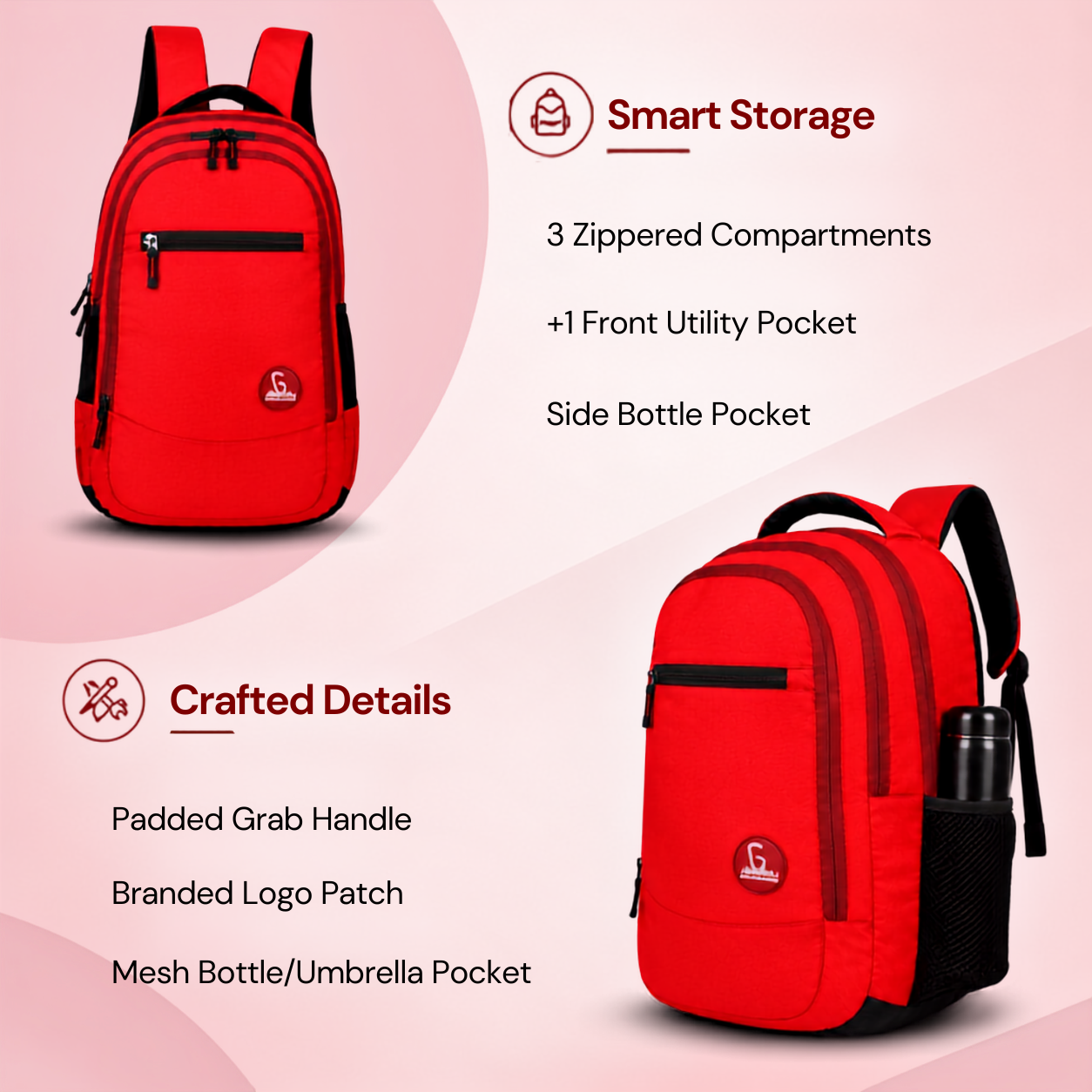 Greenlands 33L Zipster Laptop Backpack | 3 Large Compartments, Fits Up to 17" Laptop | Perfect for Office, School, Travel & Hiking | Unisex (Red)